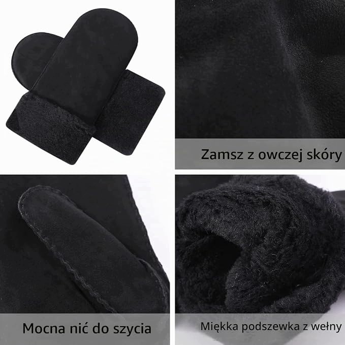 Harssidanzar Rękawiczki Męskie Skórzane Owcze Futrzane Czarne Rozmiar S - obrazek 2