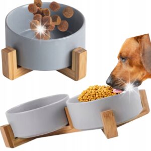 MISKA CERAMICZNA PODWÓJNA DLA PSA I KOTA 2 MISKI DREWNIANA PODSTAWA 2x400ml