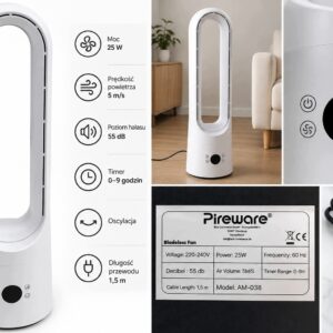 Pireware AM-038 Wentylator Bezłopatkowy Kolumnowy 25W Timer Biały