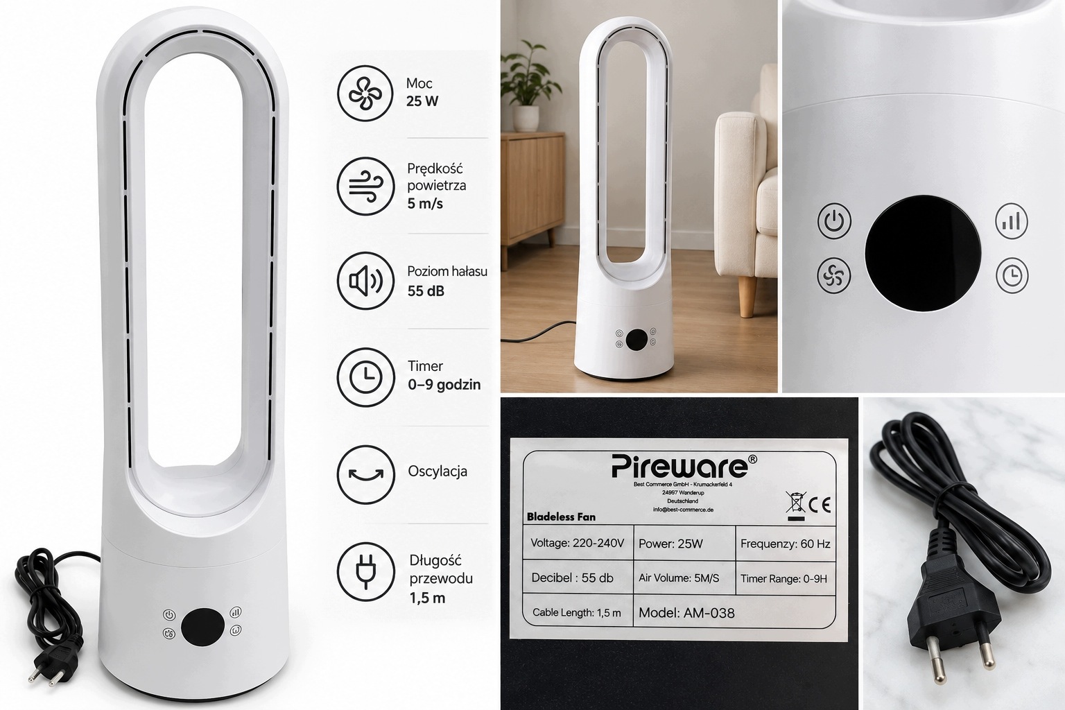 Pireware AM-038 Wentylator Bezłopatkowy Kolumnowy 25W Timer Biały
