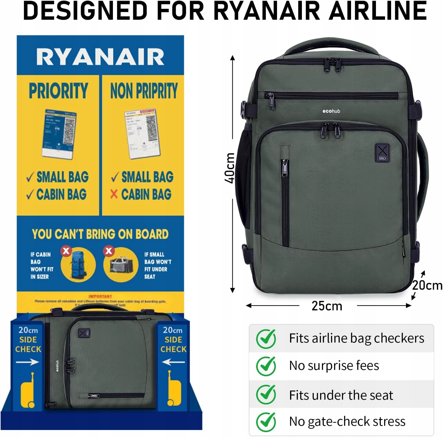 Plecak 40 x 20 x 25 do samolotu Ryanair plecak podróżny bagaż podręczny opi - obrazek 2