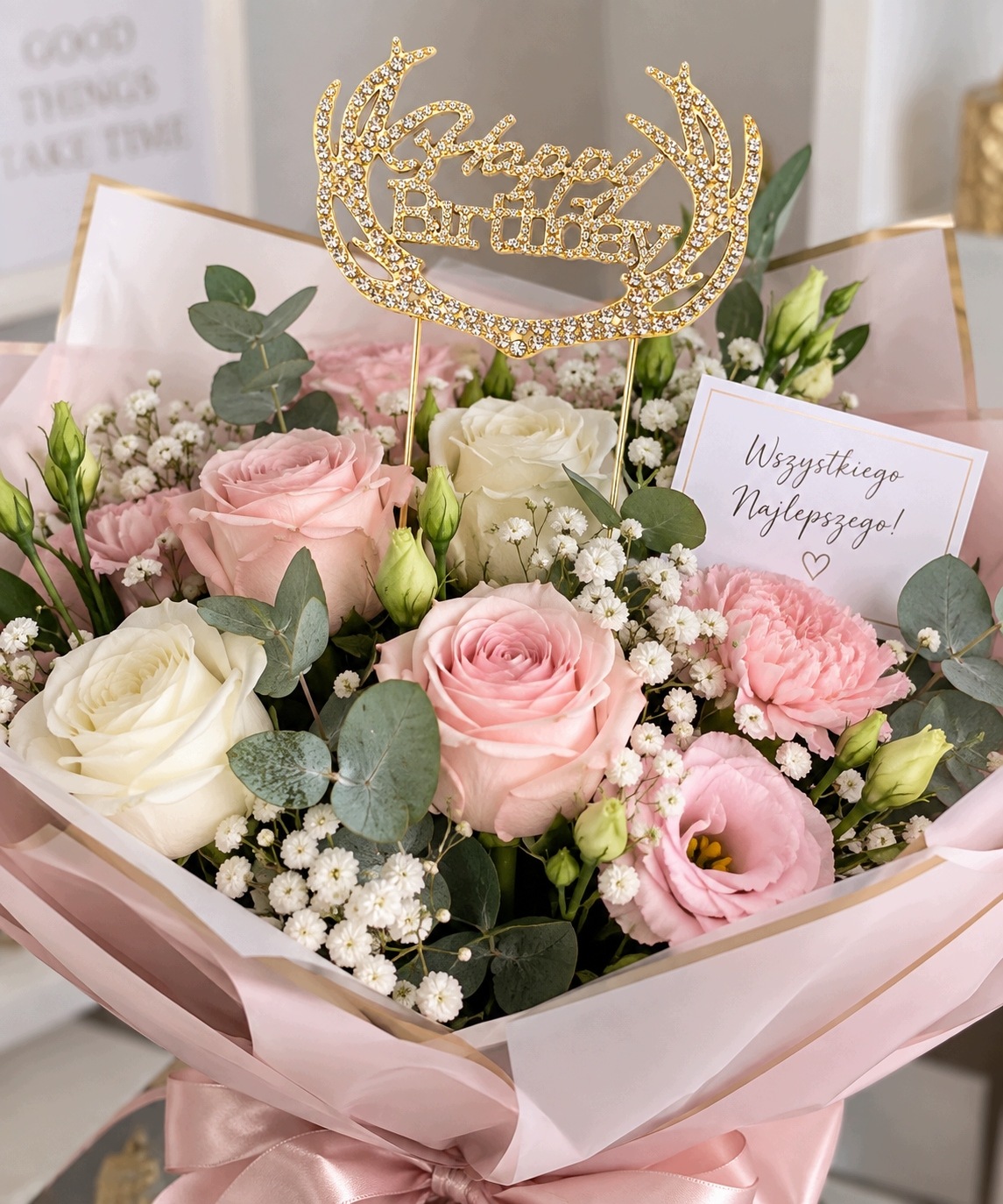 Ozdoba do Bukietu Kwiatów Happy Birthday Złota Pik Dekoracja Urodzinowa - obrazek 3