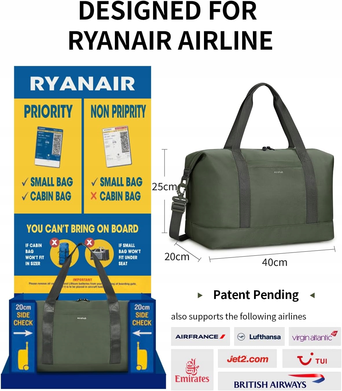 ECOHUB TORBA KABINOWA Z KOSMETYCZKĄ 40x25x20 20 WODOODPORNA RYANAIR ZIELONA - obrazek 2