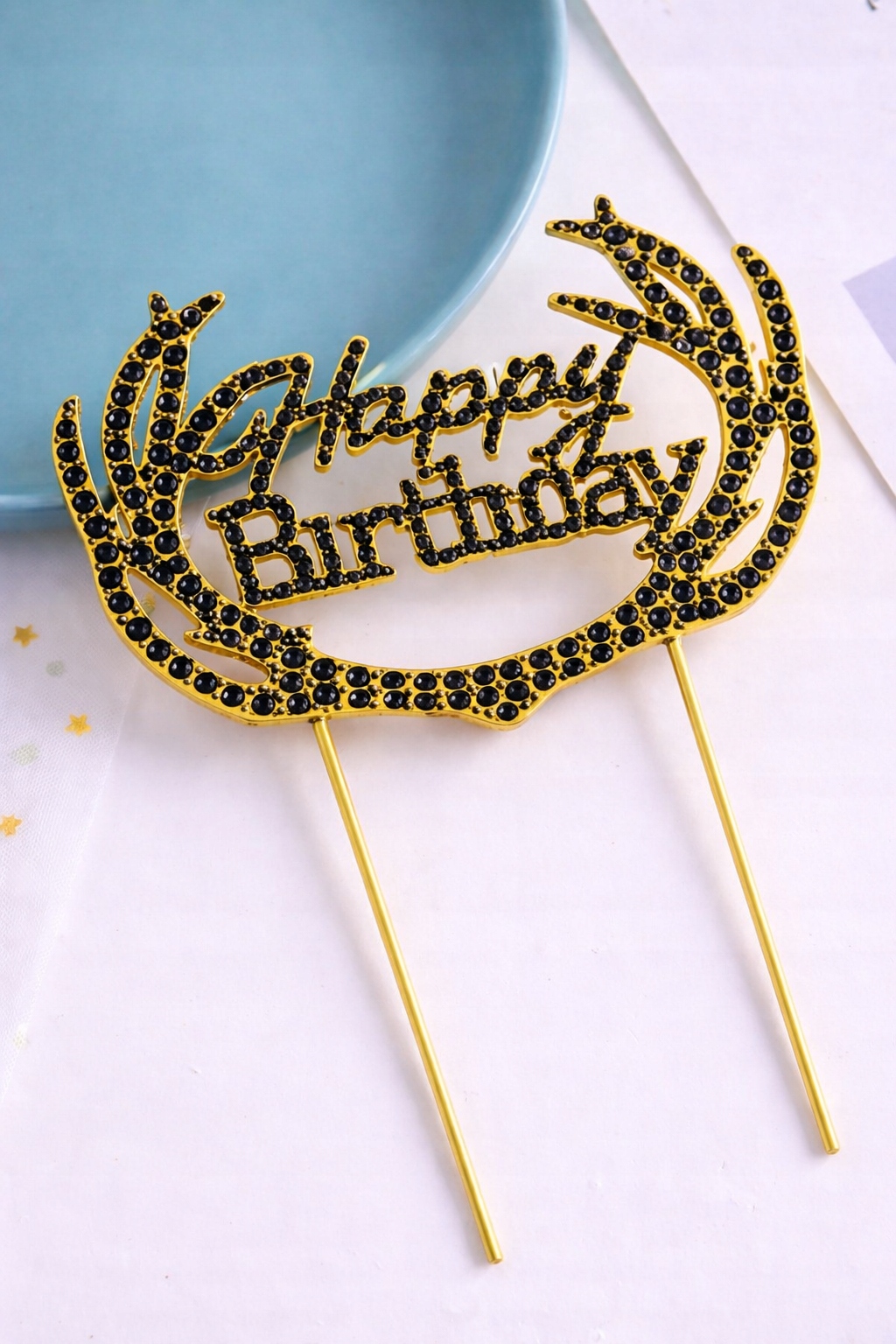 Ozdoba na tort Happy Birthday czrne kryształami – dekoracja urodziny - obrazek 2