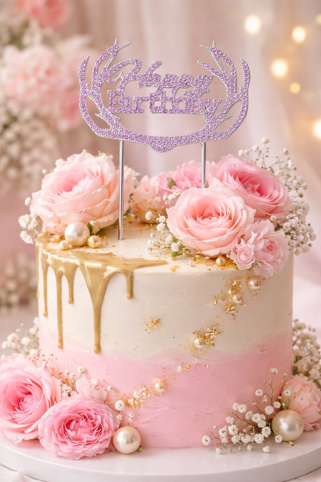 Ozdoba na tort Happy Birthday z kryształami – dekoracja urodziny - obrazek 2