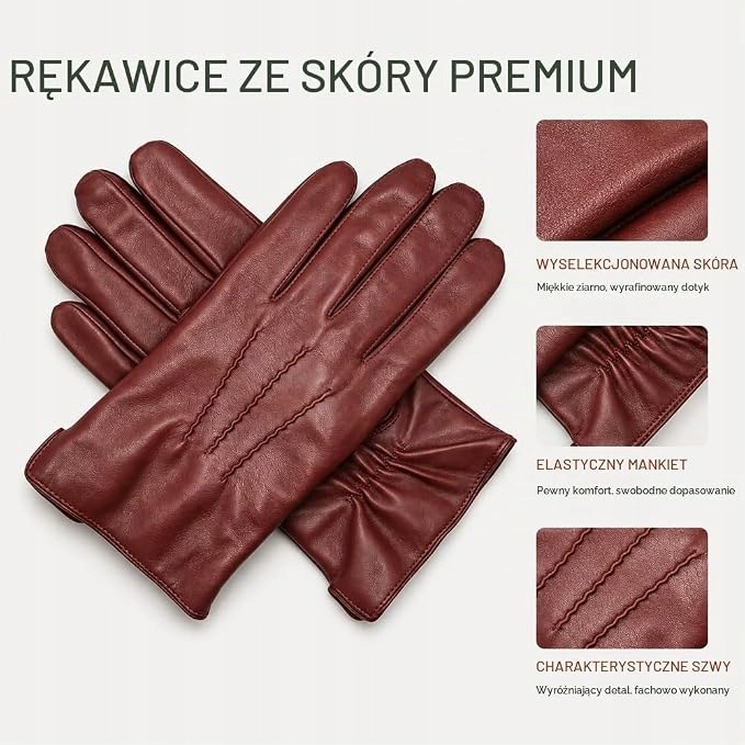 Harssidanzar Rękawiczki Męskie Skórzane Kaszmirowe Ciepłe Koniak L - obrazek 3