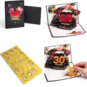 Kartka urodzinowa 3D Pop-Up z kopertą + naklejki | Elegancka, efekt WOW