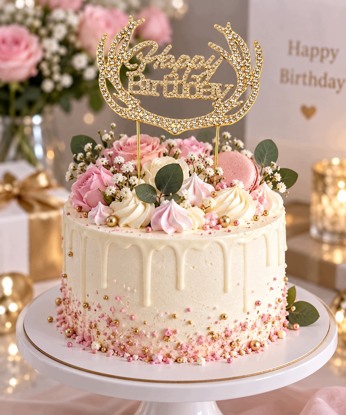 Ozdoba do Bukietu Kwiatów Happy Birthday Złota Pik Dekoracja Urodzinowa - obrazek 4
