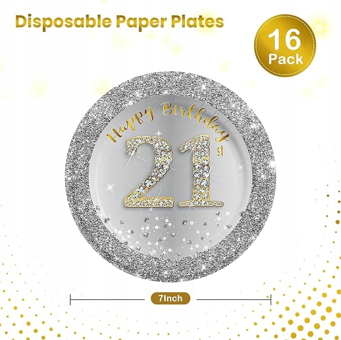 Talerzyki Papierowe 21 Urodziny 16szt Złoto Srebro 18cm Party - obrazek 4