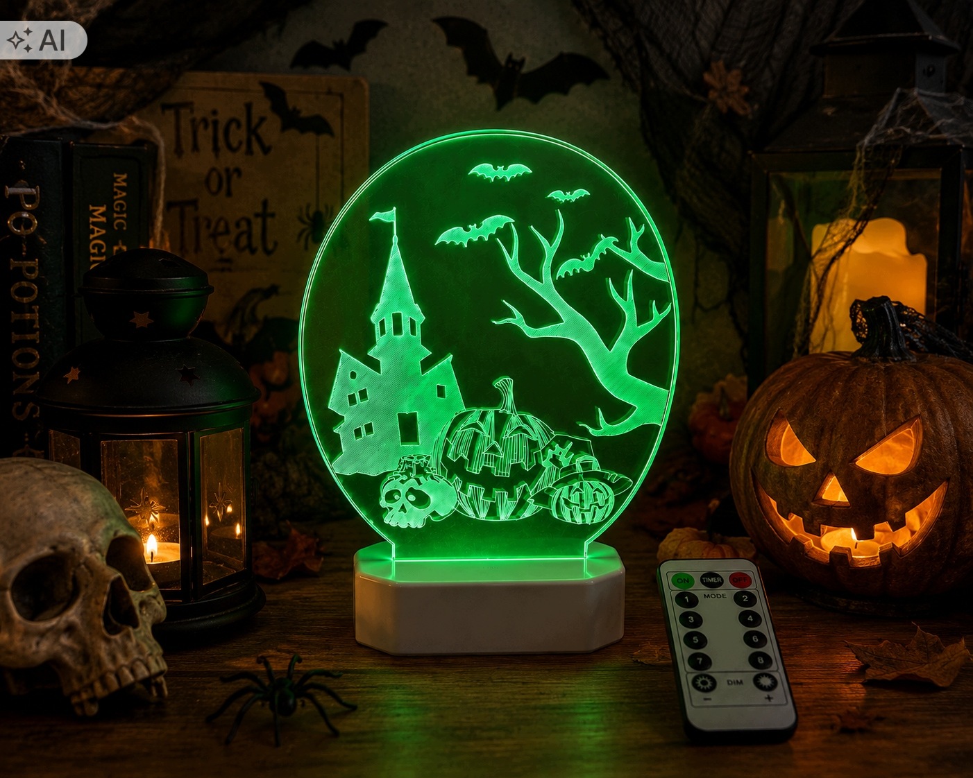 Lampka LED Halloween 3D RGB Pilot 8 Trybów USB 3xAAA Dynia Nawiedzony Dom - obrazek 2