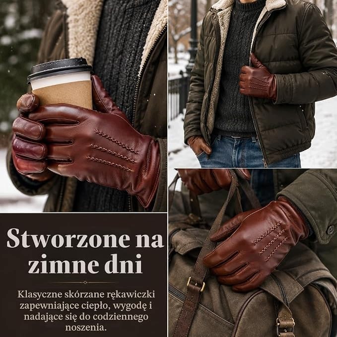 Harssidanzar Rękawiczki Męskie Skórzane Kaszmirowe Ciepłe Koniak L - obrazek 2