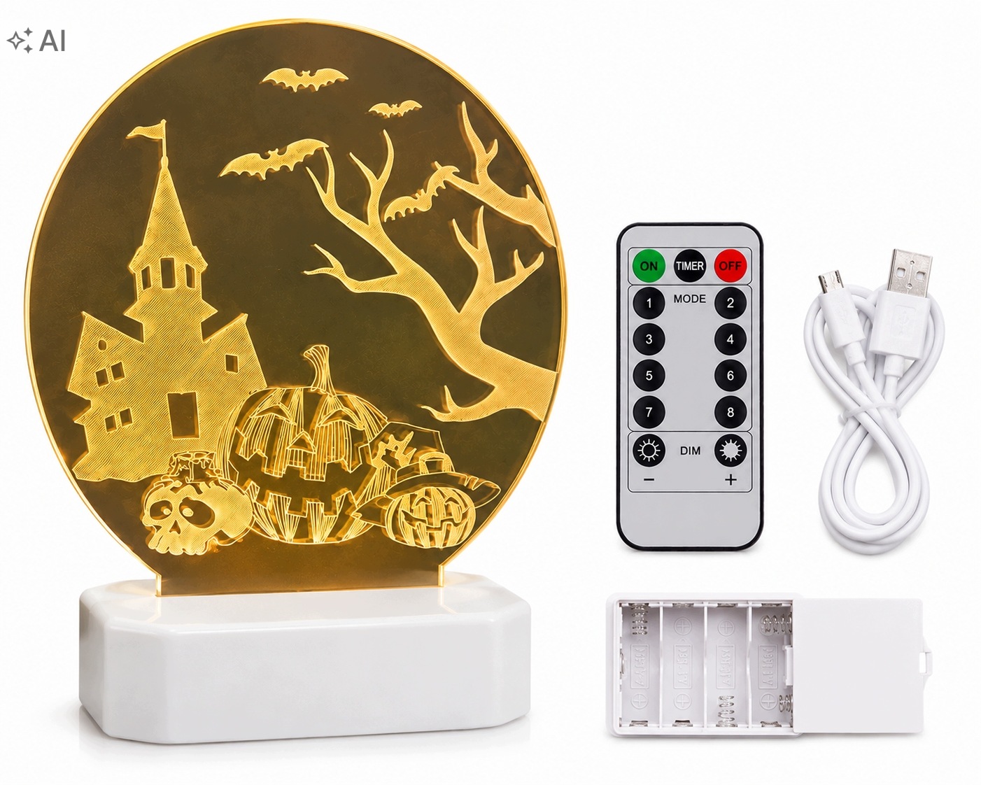 Lampka LED Halloween 3D RGB Pilot 8 Trybów USB 3xAAA Dynia Nawiedzony Dom