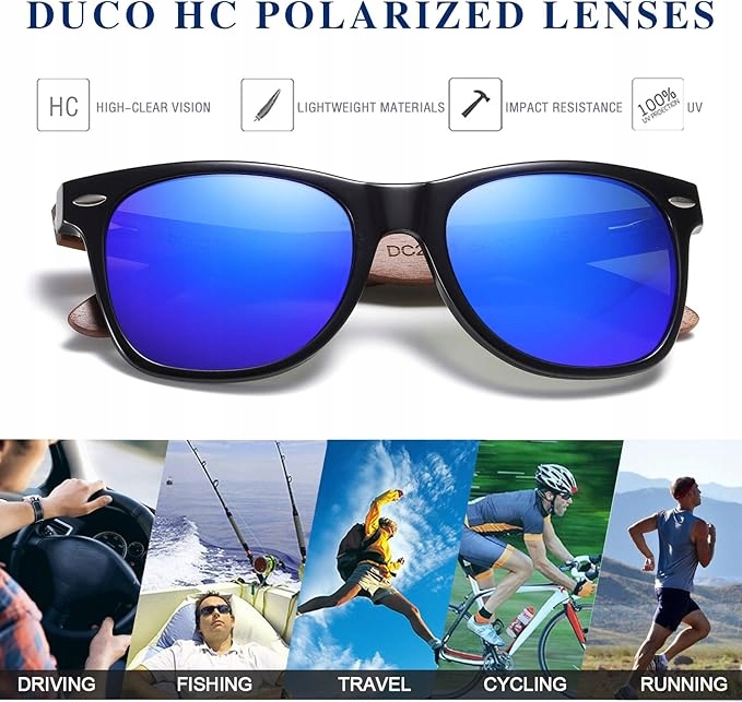 DUCO Okulary Polaryzacyjne UV400 Drewniane Zauszniki Niebieskie szkła - obrazek 3