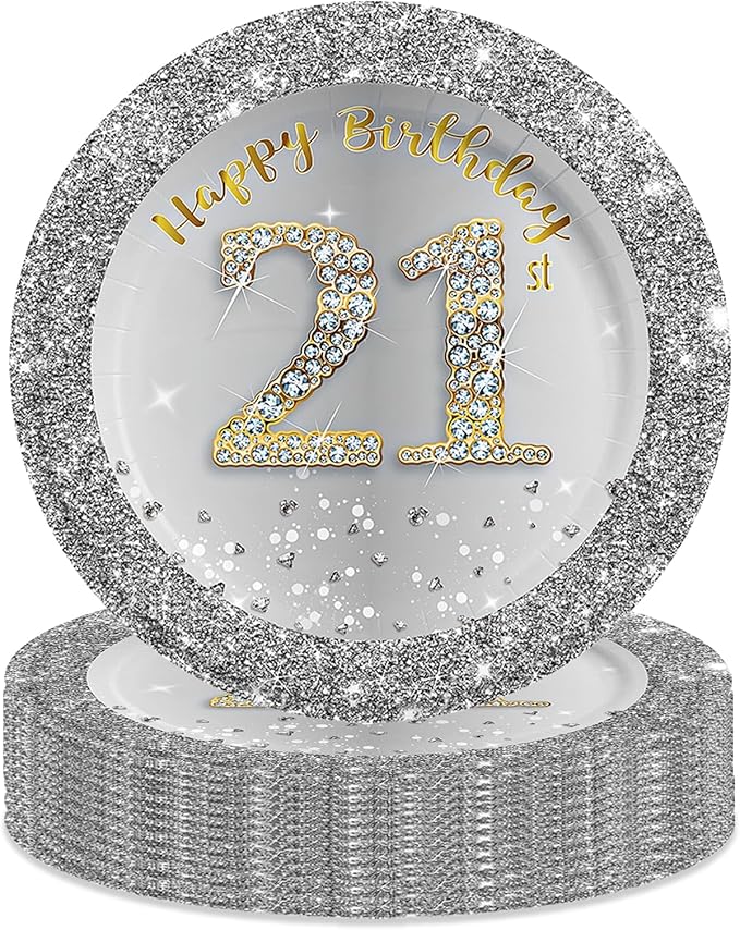Talerzyki Papierowe 21 Urodziny 16szt Złoto Srebro 18cm Party