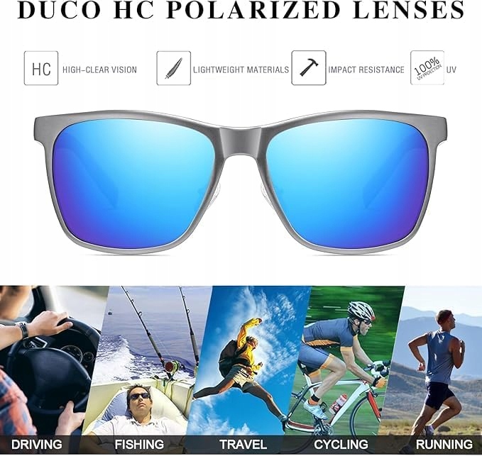 DUCO Męskie Okulary Polaryzacyjne UV400 Retro Niebieskie szkła Revo - obrazek 3
